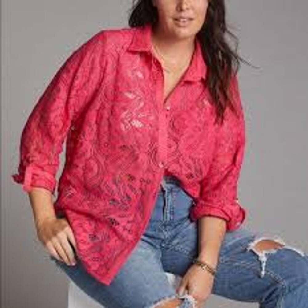 NWT $128 Anthropologie 16W 1X lace eyelet button down shirt Hot Pink